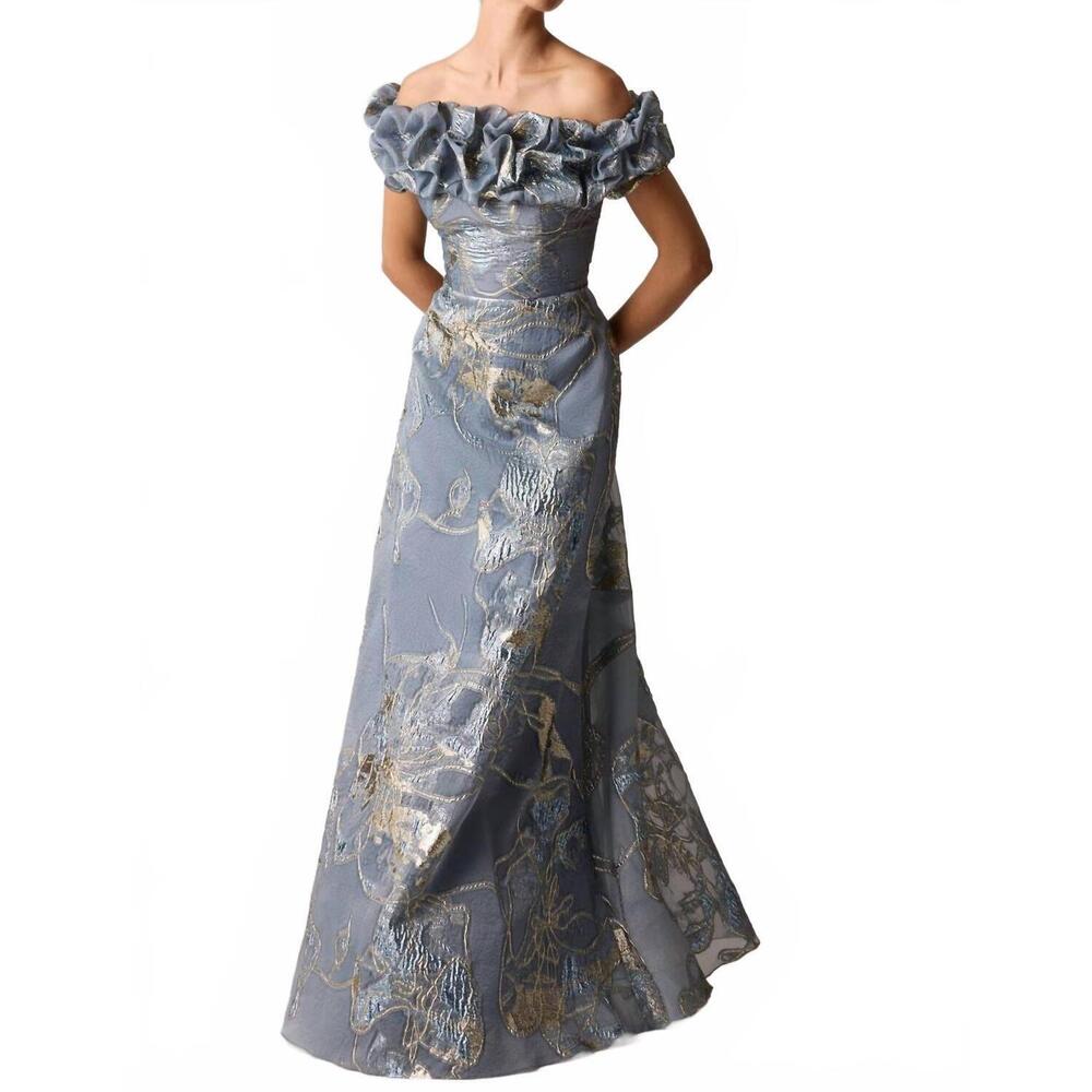 NEW TERI JON jacquard scrunch neckline off shoulder gown in pewter multi - Picture 3 of 4